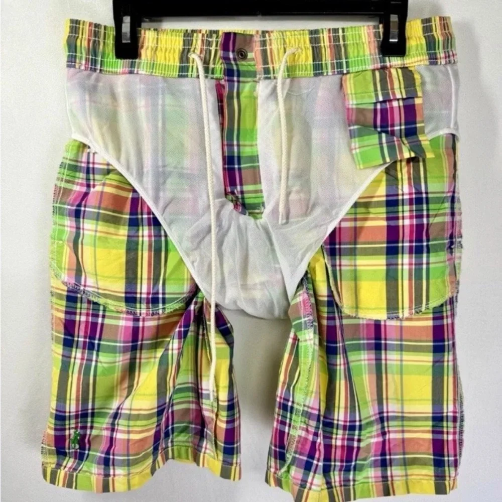 Vintage 90s Polo Ralph Lauren Madras Plaid Swim Trunks Men’s M Shorts 11”